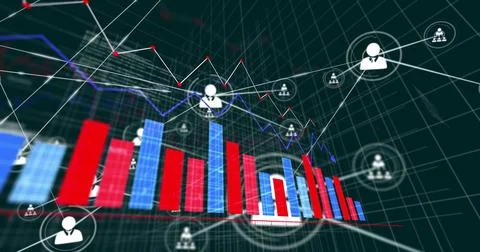 Central avatar growing as camera zooming into finance bar chart, links pulsing Stock Illustration