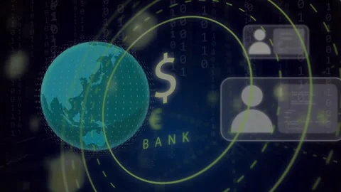 Central bank icon shifting as globe entering right overlaying $ cards forming Stock Footage 333859627