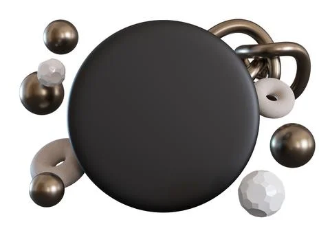 A central black shape is surrounded by various circles and spheres. This setu 스톡 사진
