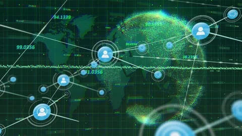 Central blue avatar node emitting pulse and spawning linked icons on HUD, Stock Footage 332577633
