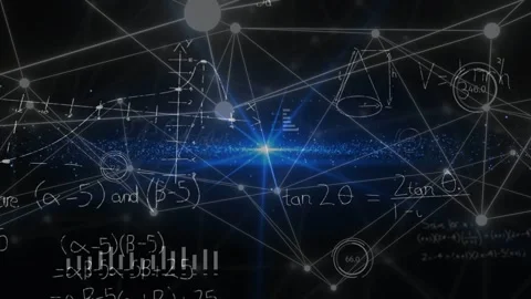 Central blue band intensifying, pulsing and forming mesh while nodes charts math Stock Footage 335761886