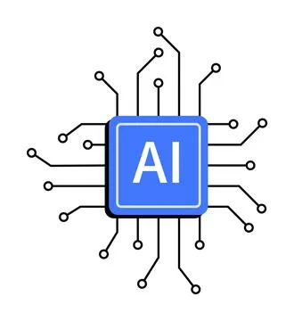 Central blue chip marked AI with black surrounding circuits, symbolizing tech Stock Illustration