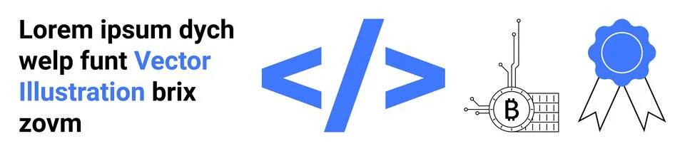 Central blue code brackets, left text with blue highlight, right blockchain t Illustrazione stock