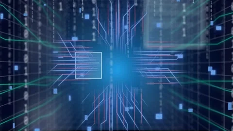 Central blue core pulsing, emitting magenta traces and tiles, streaming code and Stock Footage 334768760
