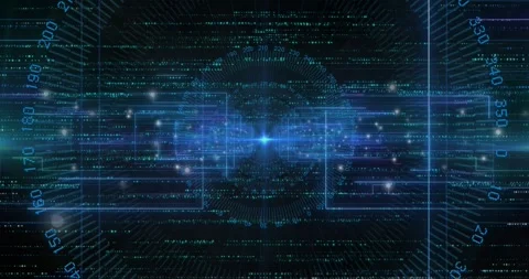 Central blue data node flaring and pulsing, driving frames, ribbons expanding to Stock Footage 329470700