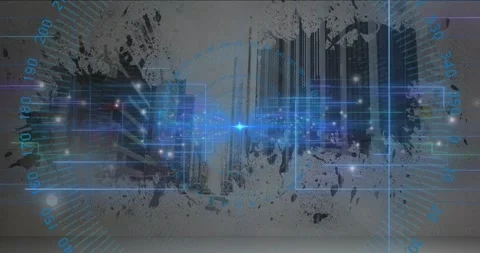 Central blue flare appearing emitting pulses drawing neon lines sliding HUD Stock Footage 330188734