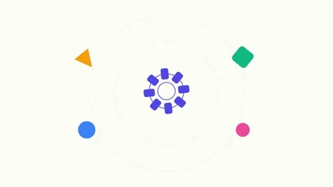 A central blue gear icon surrounded by colorful geometric floating shapes Stock Footage 339618872