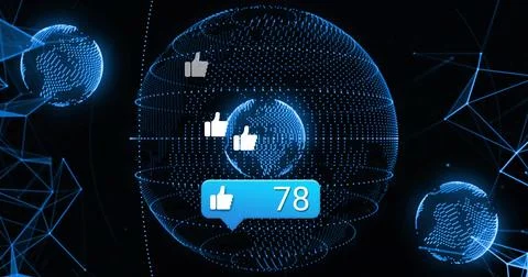 Central blue globe emitting mesh in network, with thumbs-up icons and blue Stock Photos
