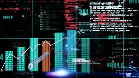 Central blue glow emerging driving bars and trend lines growing with pointer Stock Footage 312082615