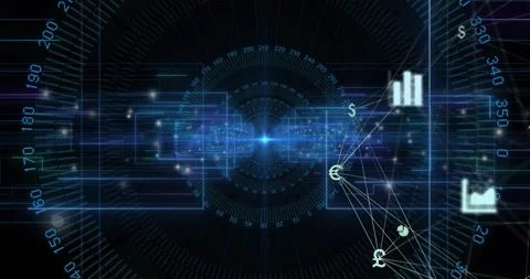 Central blue hub centering right $ cluster emerging panels shifting lines Stock Footage 328583587