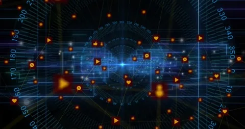 Central blue hub pulsing, spawning orange icons and sending along paths, Stock Footage 328396336