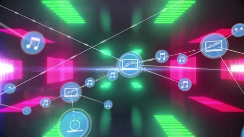 Central blue hub sending pulses, spawning music and chat nodes, showing network Stock Footage 333924862
