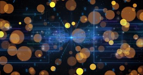 Central blue light node glowing in network view, with orange bokeh, digits and Stock Illustration