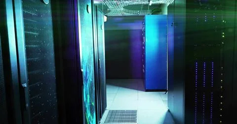 Central blue-lit server rack cabinet standing in data center corridor, with LED 스톡 일러스트