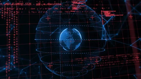 Central blue matrix globe glowing in red grid overlay, floating code fragments Stock Footage 309285192