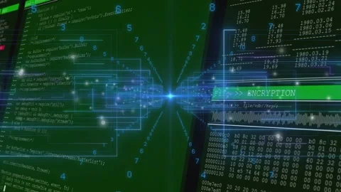 Central blue node activating and emitting numerals while panels sliding, showing Stock Footage 332566529
