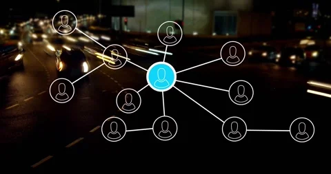 Central blue node appearing, linking avatars into hub-spoke network over city Stock Footage 332295999