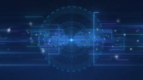Central blue node bursting, dial rotating, particles pulsing as icons drifting Vidéo 334788431