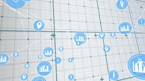 Central blue node creating nodes, nodes moving and linking across teal grid to 스톡 동영상 330143551