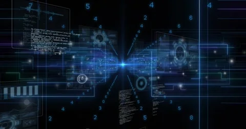 Central blue node emitting pulse causing holo panels sliding and digits 스톡 동영상 321099739