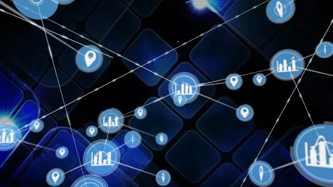 Central blue node pulsing and spawning data web showing chart and location icons 스톡 동영상 331026859