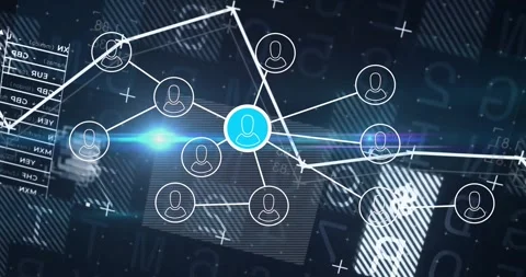 Central blue node pulsing, connecting white user icons, showing digital data Stock Footage 328712811