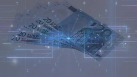 Central blue node pulsing, euros entering, rotating and fanning, integrating 스톡 동영상 329454716