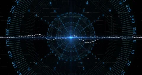 Central blue node pulsing, HUD sending dot waveform surging and settling across 스톡 동영상 330379992