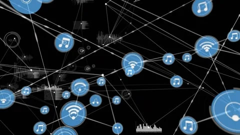 Central blue node pulsing, spawning wifi and music nodes, forming 3D mesh 스톡 동영상 321070834