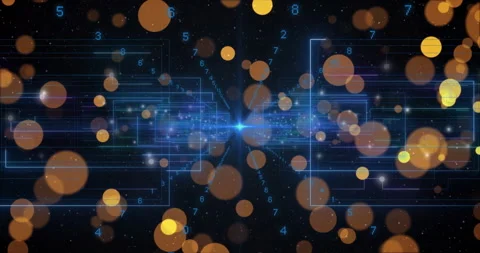 Central blue node pulsing, spreading network, drifting circles streaming digits Stock Footage 312481882