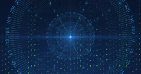 Central blue point emerging, circular HUD rotating and pulsing, binary rain Stock Footage 320916159