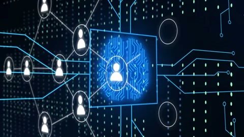 Central blue square forming circuit after highlight moving to it, linking nodes Stock Footage 334337757