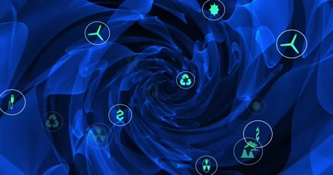 Central blue vortex starting spin, pulling neon icons inward, orbiting, Stock Footage 321340333