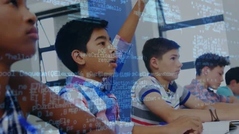 Central boy raising hand after teacher cue, code overlay projecting over Stock Footage 334743576