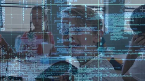 Central boy responding to camera, turning and smiling in education while code Video stock 331269978