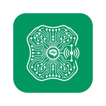 Central brain chip processor with wireless signal transmitter green square .. イラスト素材