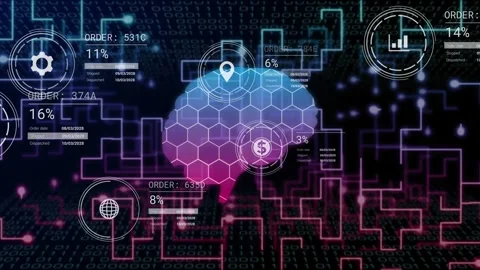 Central brain receiving data, HUD widgets animating from left, updating percents Stock Footage 334351814