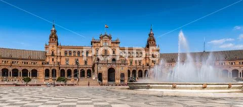 Central building and the fountain at the Plaza de Espana in Seville, Andalusi Stock Photos