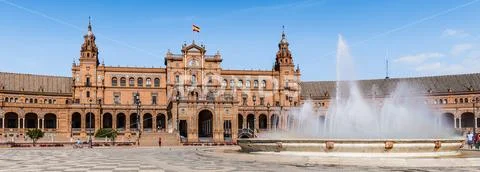 Central building and the fountain at the Plaza de Espana in Seville, Andalusi Stock Photos