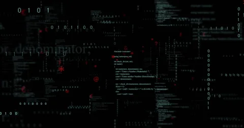 Central C++ code snippet floating in dark terminal display, with green binary Stock Footage 309106468
