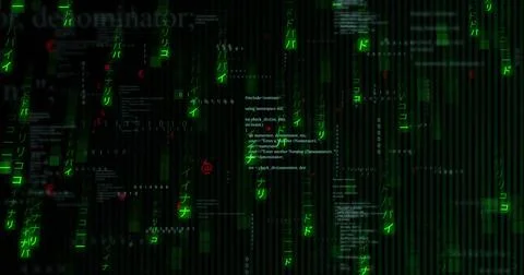 Central C++ code snippet glowing in dark matrix, with green streams, binary Stock Photos