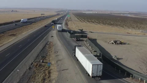 Central California Interstate 5 Rest Stop, Tracy, California Drone Aerial View Stock Footage 145922624