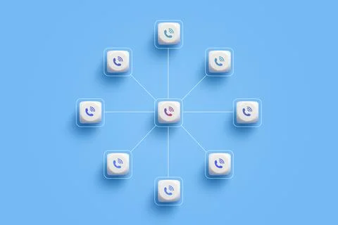 Central call center hub connected to external phone icons on a cubes on blu.. Stock Photos