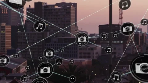 Central camera node starting network expanding over dusk sky, icons moving to Stock Footage 333968597