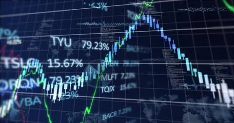 Central candlestick bars and green trend line moving on trading screen, with Stock Illustration