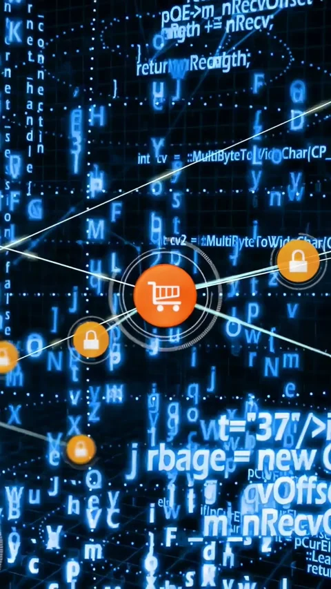 Central cart icon emerging from core, emitting lines and spawning lock nodes Stock Footage 332547007