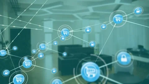 Central cart node emitting rings and spawning lock nodes, mapping ecommerce Video stock 334034845