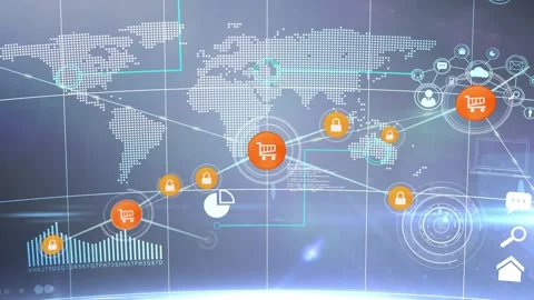 Central cart node pulsing, sending bright lines, linking padlocks, building Video stock 329702390