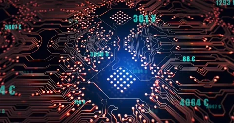 Central chip glowing, nodes pulsing, tech holograms sliding, updating ¥ £ $ temp Stock Footage 331165594