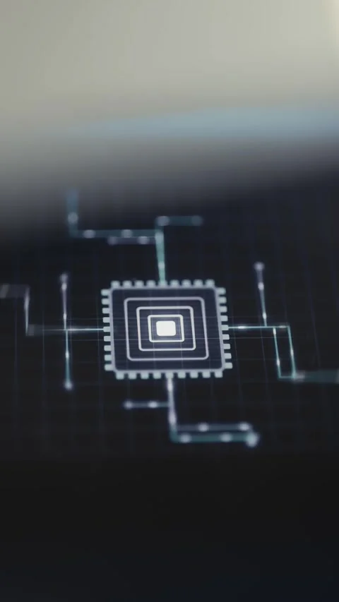 Central chip icon connected through illuminated circuit paths Stockbeeldmateriaal 342489786